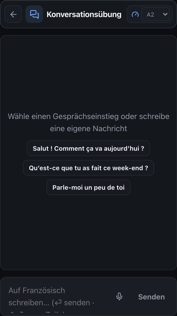 Gesprächsansicht der App mit französischen Gesprächseinstiegen, Schwierigkeit A2 sowie Text- und Spracheingabe