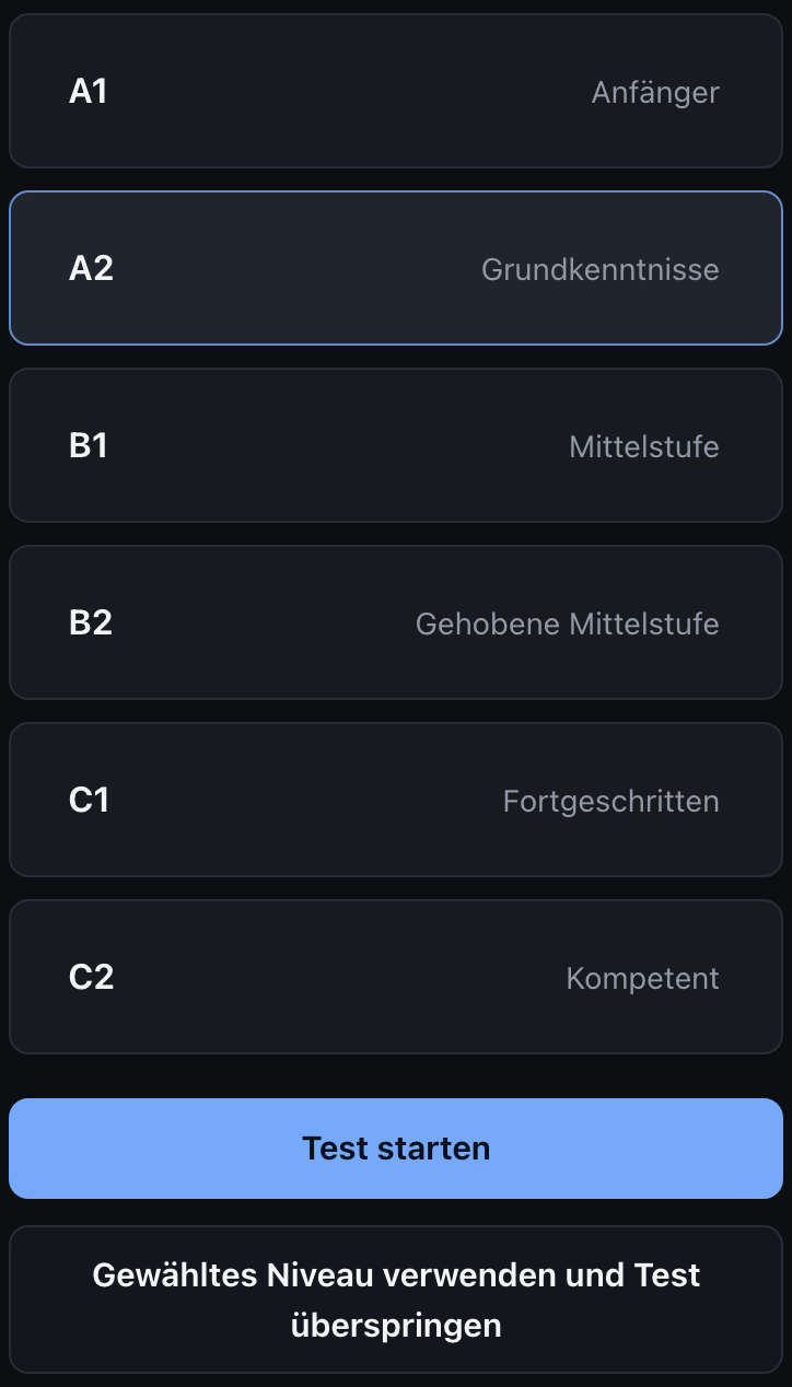 Einstufung in der App mit Startniveaus von A1 bis C2 sowie Optionen zum Starten oder Überspringen des Tests