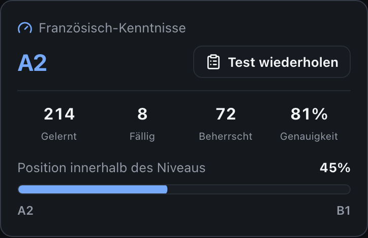 Lernübersicht der App mit gelernten, zur Wiederholung fälligen und beherrschten Inhalten sowie dem Fortschritt im aktuellen Niveau