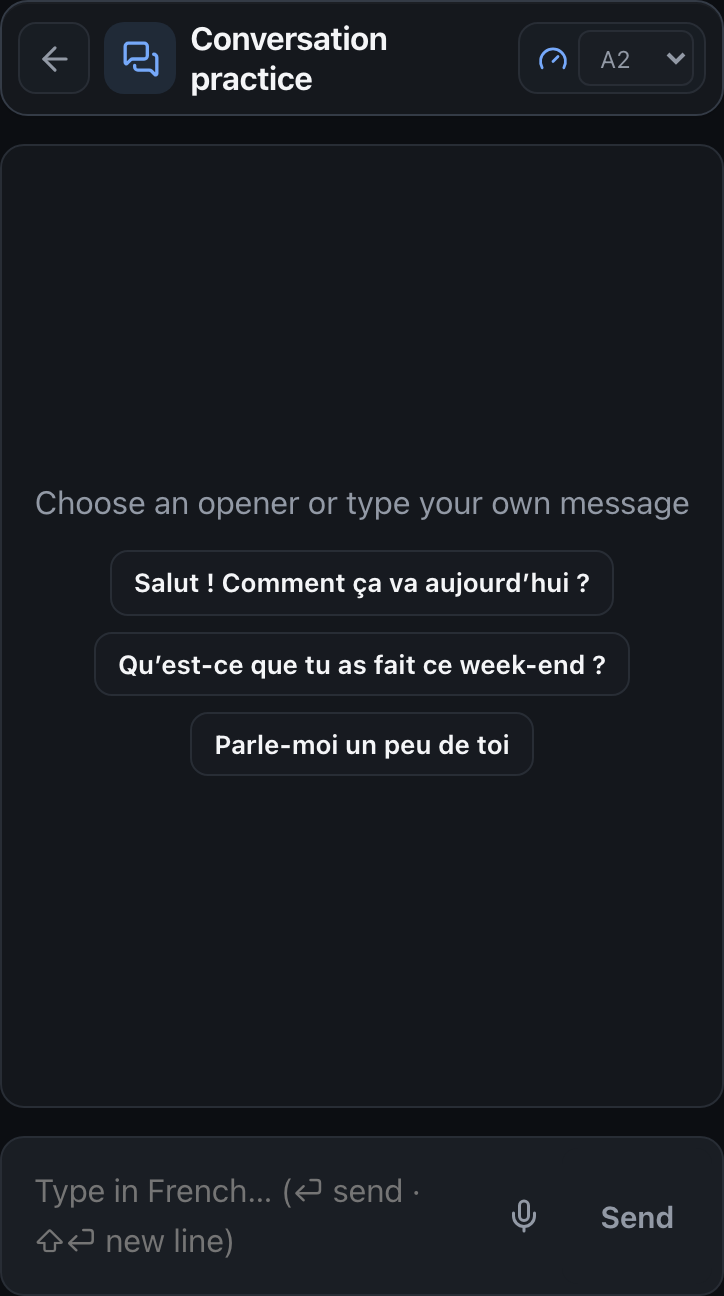App conversation screen with French opening suggestions, A2 difficulty and text and voice input