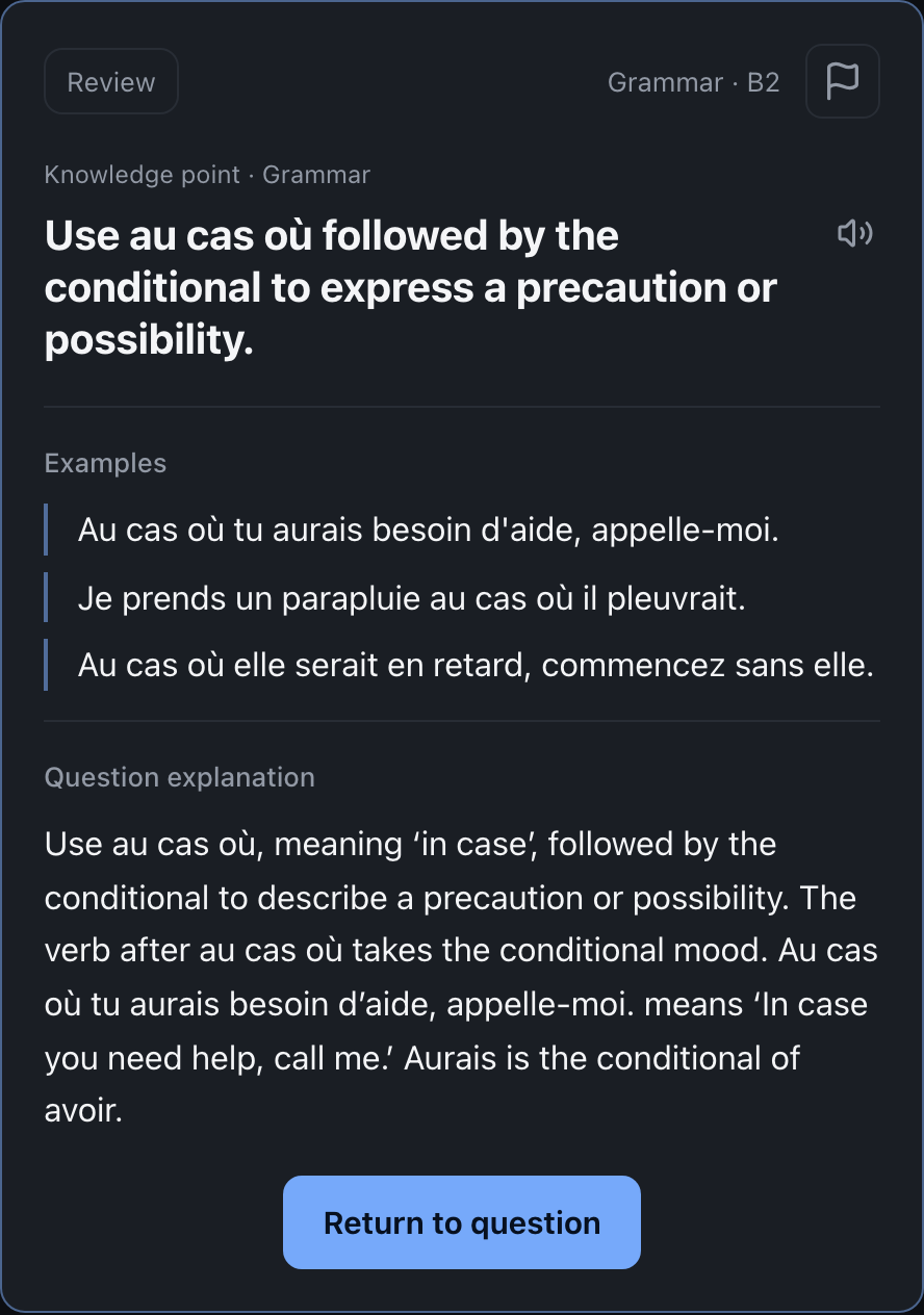 App grammar card explaining au cas où with the conditional, three French examples and an English explanation