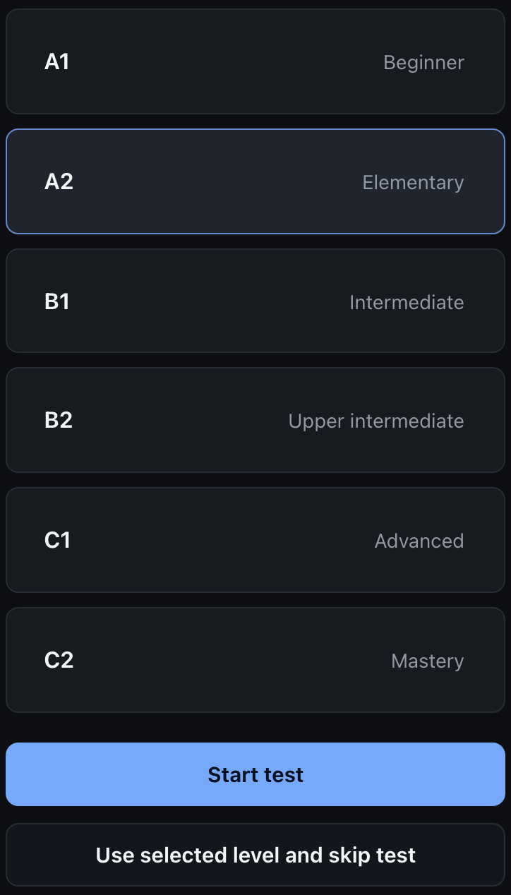 App placement screen with A1–C2 starting levels and options to begin or skip the test