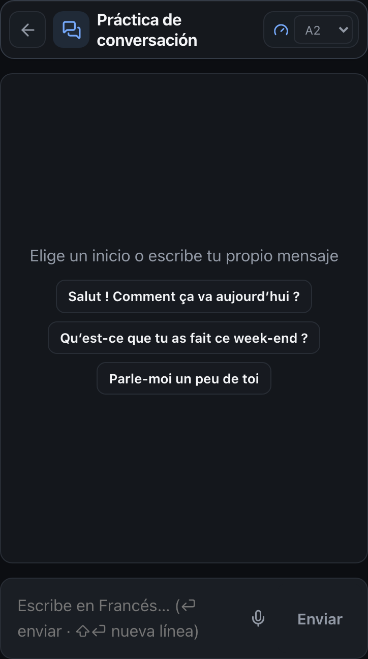 Pantalla de conversación de la App con sugerencias en francés, dificultad A2 y entrada de texto y voz