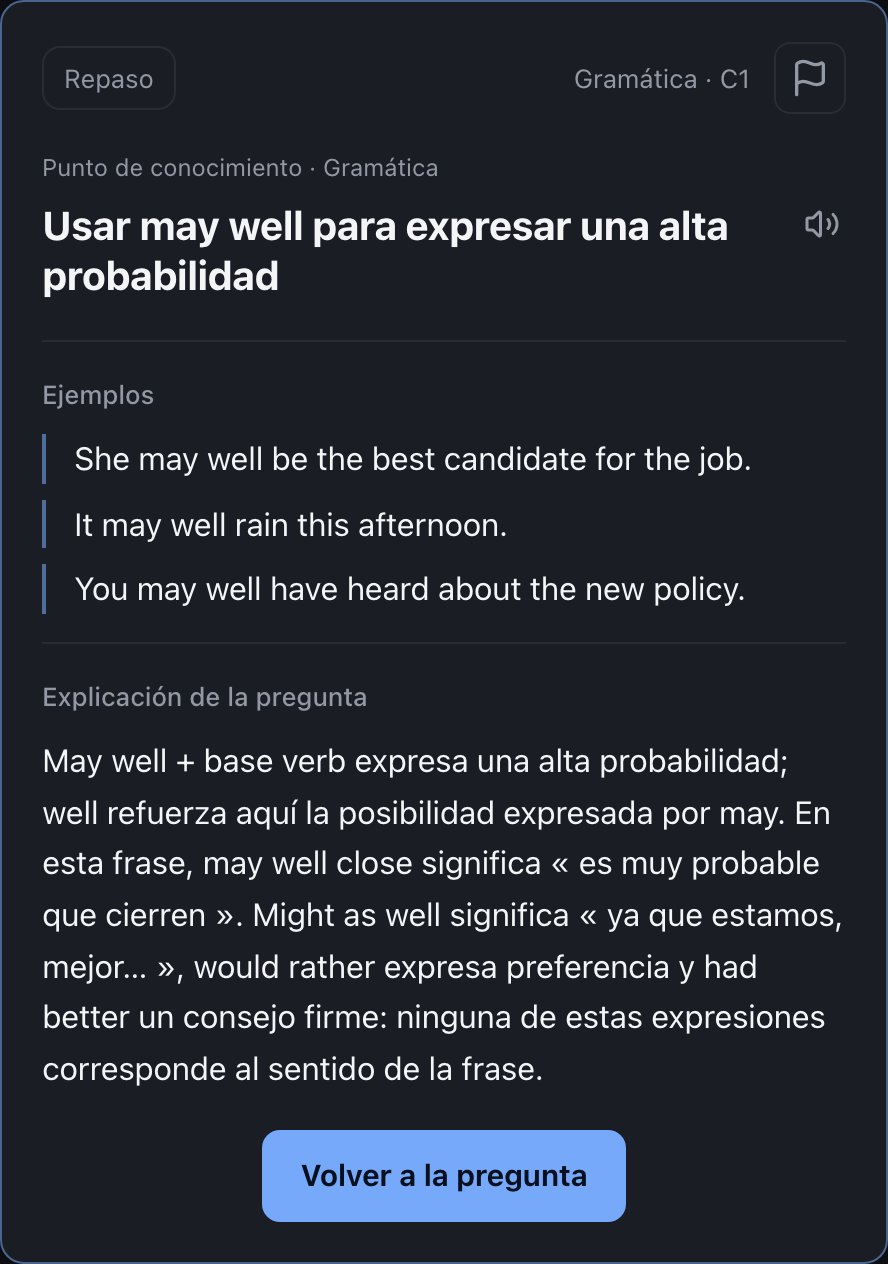 Ficha de gramática de la App: may well, tres ejemplos y diferencias con might as well, would rather y had better, explicados en español