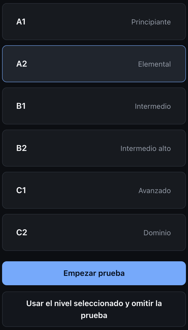 Pantalla de nivel de la App con niveles iniciales de A1 a C2 y opciones para comenzar u omitir la prueba