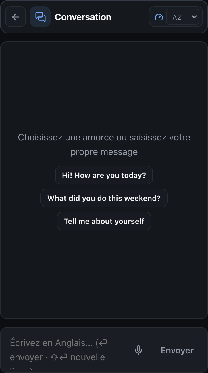 Écran de conversation de l’App : suggestions en anglais, difficulté A2 et saisie écrite ou vocale