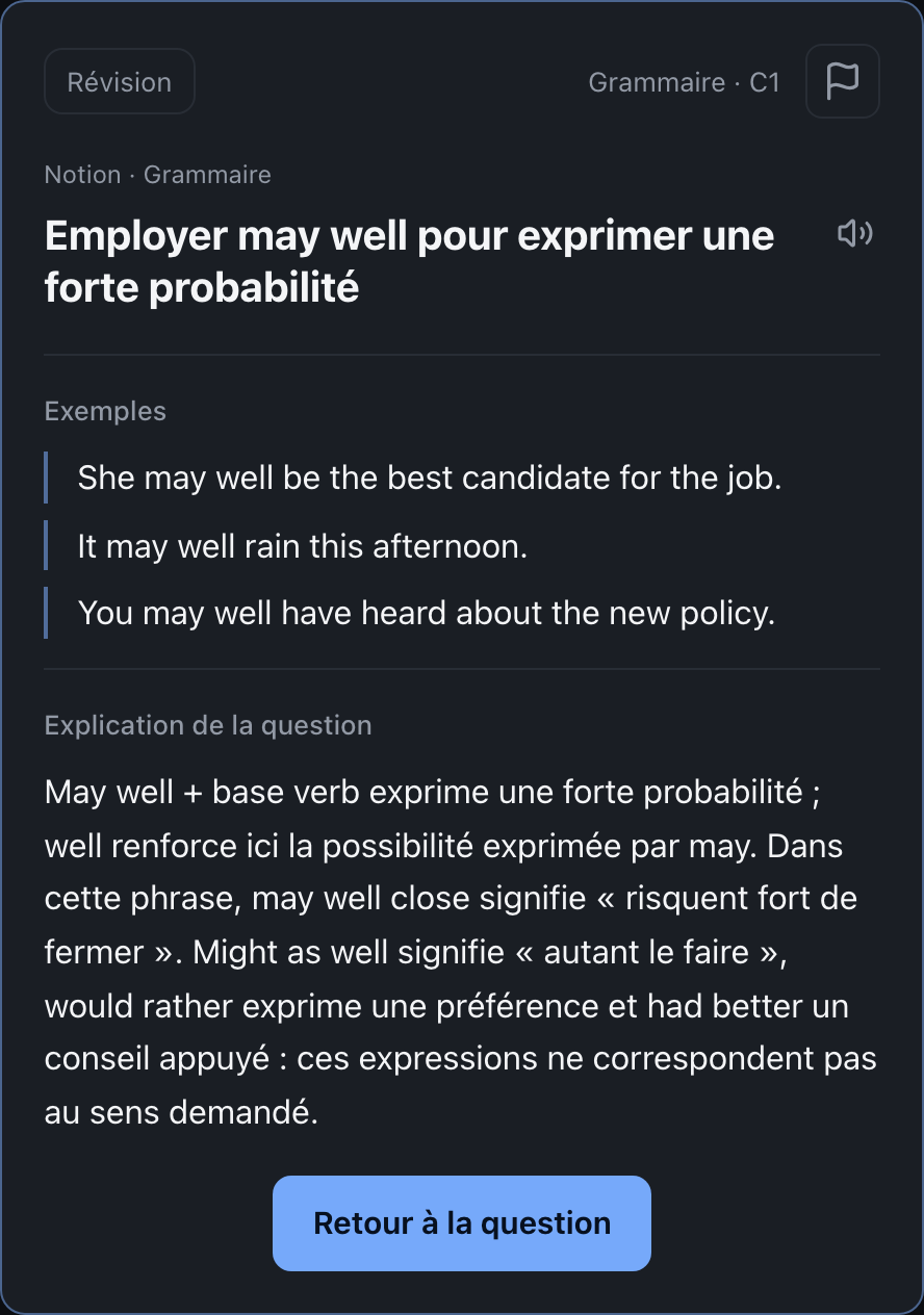 Fiche de grammaire de l’App : may well, trois exemples et différences avec might as well, would rather et had better, expliqués en français