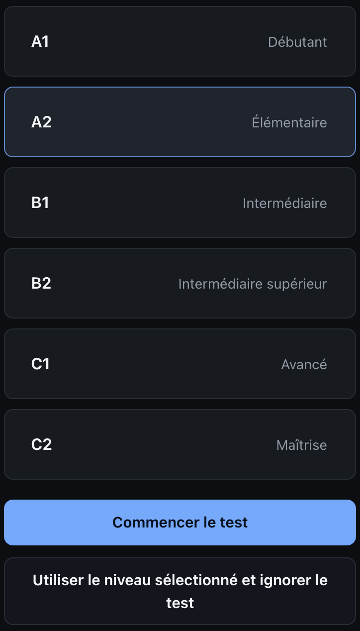 Écran de positionnement de l’App : niveaux de départ A1 à C2 et options pour commencer ou passer le test