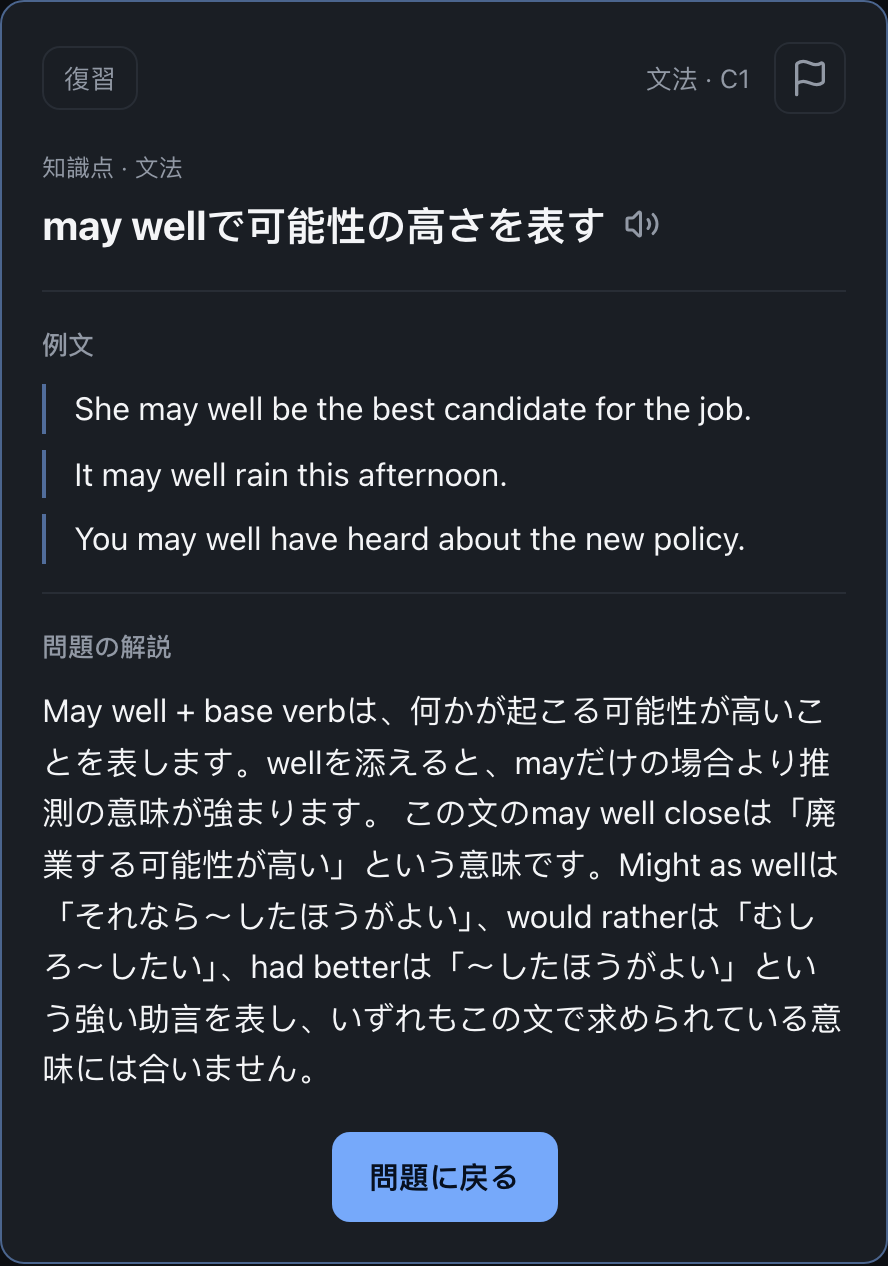 Appの文法知識カード：may wellの用法、3つの例文、might as well・would rather・had betterとの違いを日本語で解説